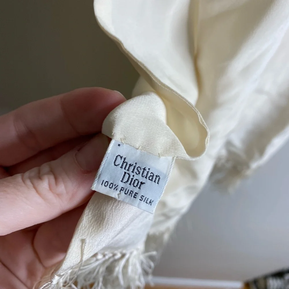 Dior Vintage Cream Fringe 100% Silk Scarf